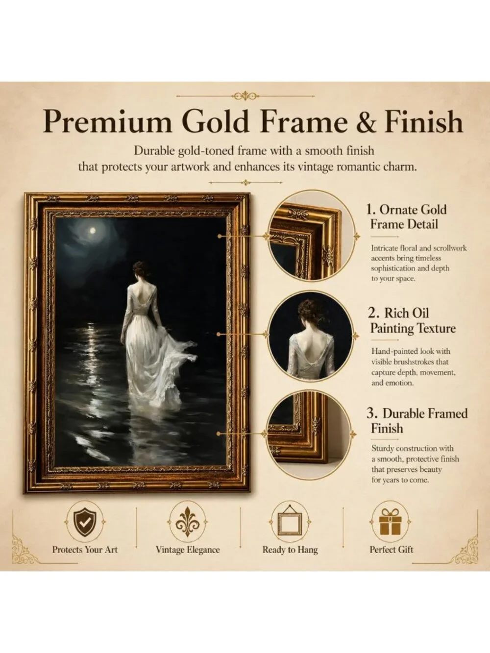 Vintage Gold Framed Wall Art - Victorian Gothic Women Oil Painting, Dark